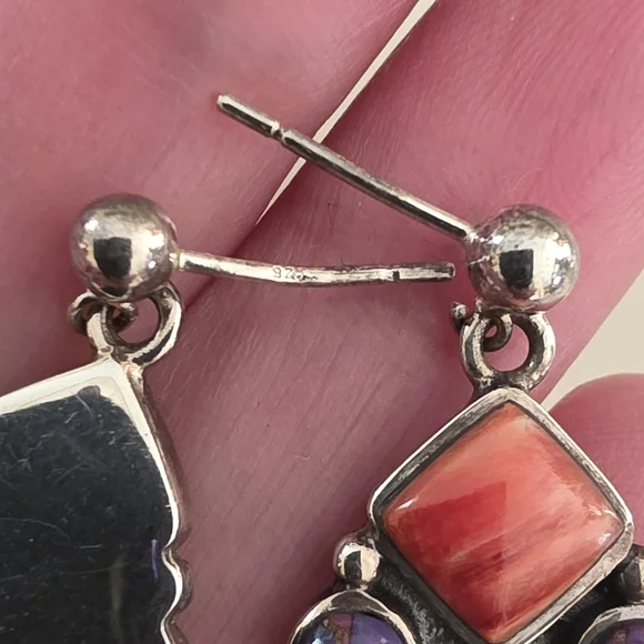 Navajo Native American Southwestern Sterling Silver Turquoise Cluster Earrings - Picture 11 of 13